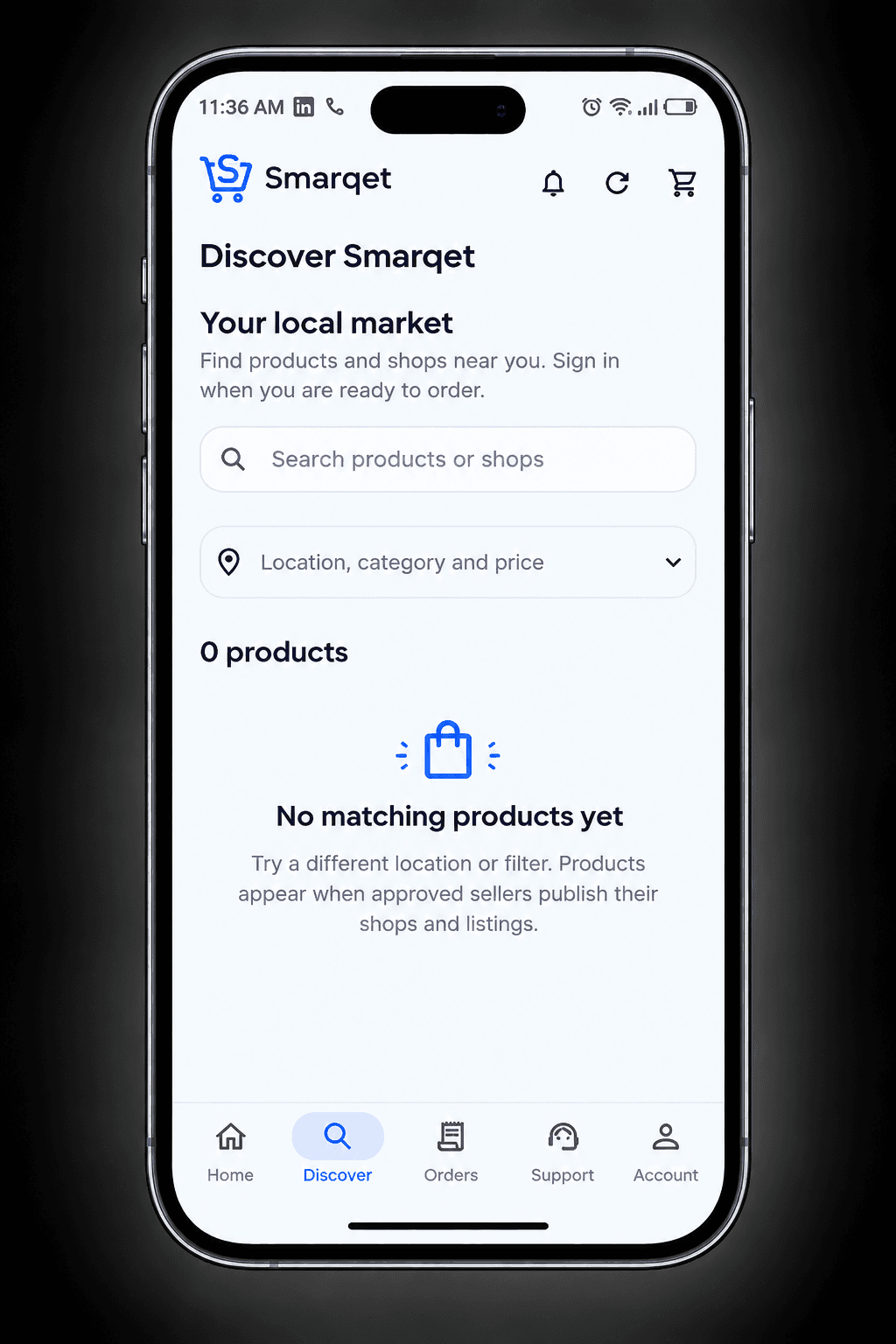 Smarqet Discover app preview showing product search and filters for location, category and price
