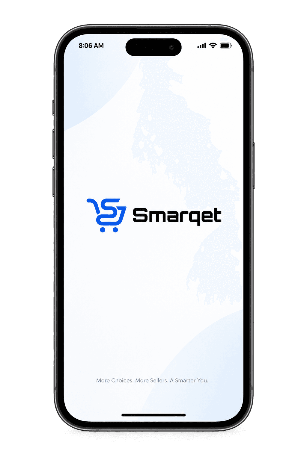 Smarqet welcome screen with its blue shopping-cart logo and the tagline More Choices. More Sellers. A Smarter You.