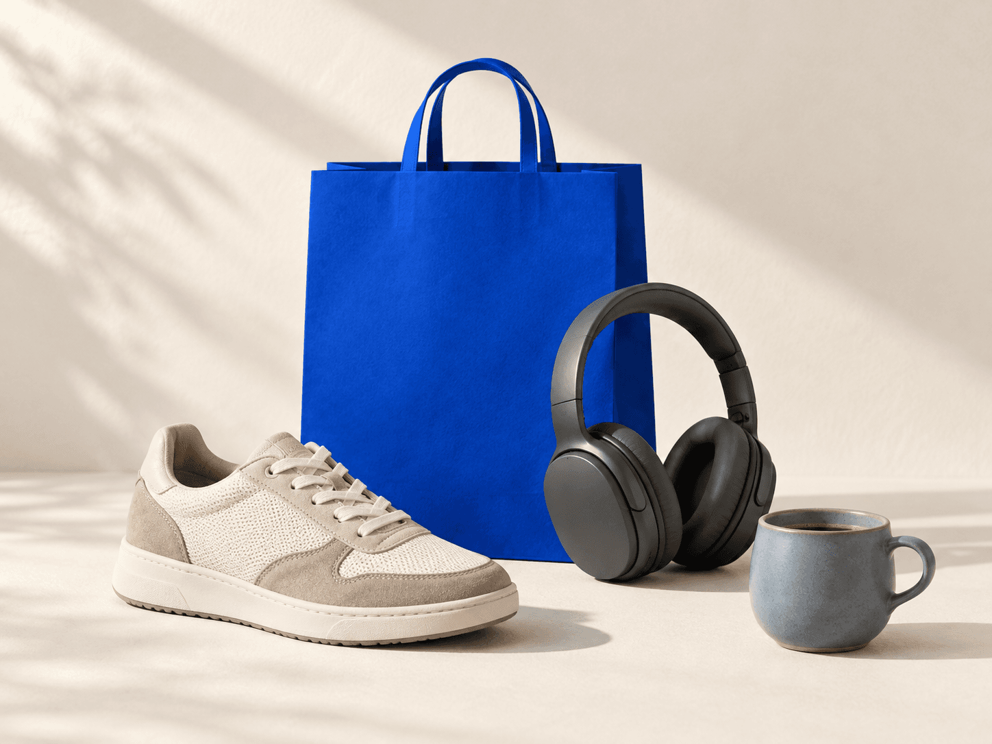 A blue shopping bag with headphones, a neutral sneaker, and a cup in a studio still life.